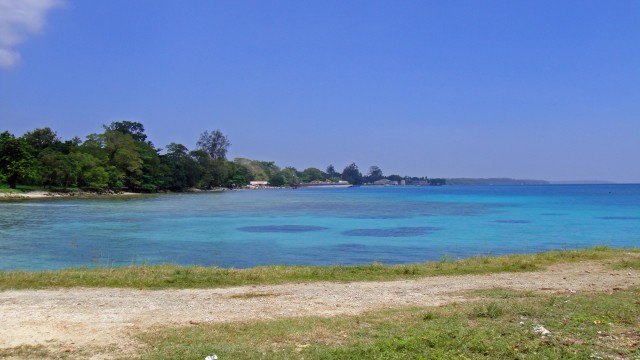 Kaveing Harbor in the distance.  Several battles were fought over it in WWII.  The color of the water simply defies description