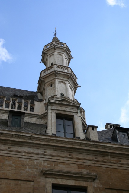 Inside the City Hall courtyard.  Shot of one of the spires.